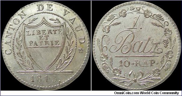 1813 1 Batzen (10 Rappen), Canton of Vaud. A billon piece where the silvering is in particularly good condition.                                                                                                                                                                                                                                                                                                                                                                                                         