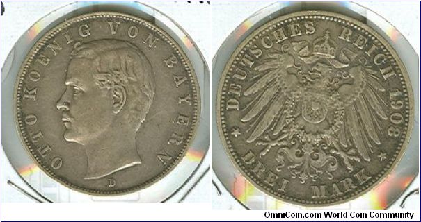 1908 D German Bavaria 3 mark.