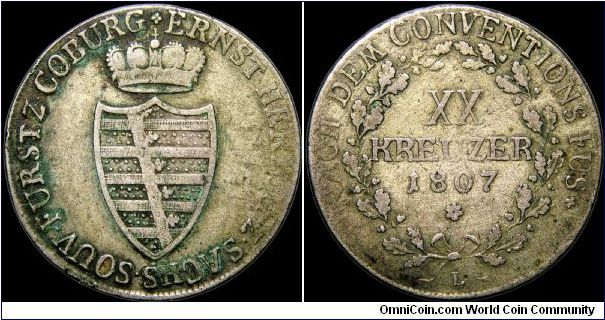 20 Kreuzer, Saxe - Coburg - Saalfeld. A tough coin in any condition. This coin needs some anti-PVC work.                                                                                                                                                                                                                                                                                                                                                                                                            