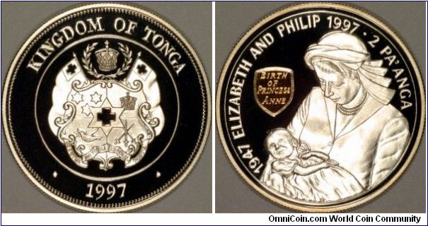 Silver proof Tongan 2 Pa'anga crown to commemorate the Golden Wedding anniversary of the Queen & Prince Philip. The design shows the Queen holding Princess Anne as a baby, and a gold plated cartouche is inscribed Birth of Princess Anne.