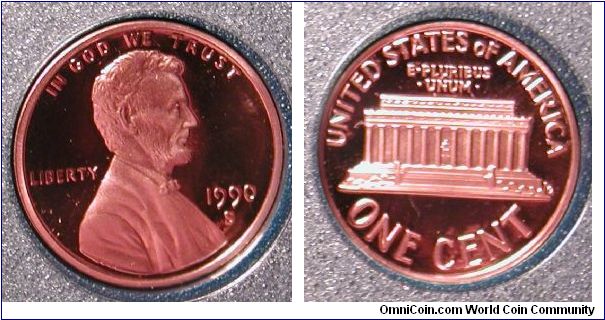 1990-S Lincoln Memorial Cent Proof from Prestige Proof Set.