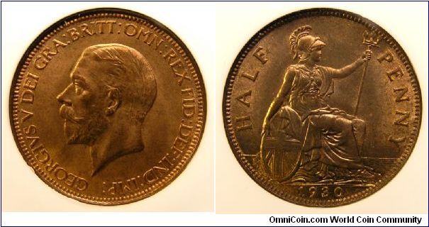 1930 Great Britain Half Penny, George V. NGC MS 65 RD. KM.837, Spink 4058. M: 12.533 m.