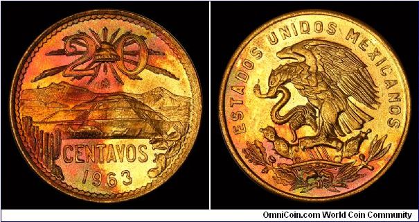 1963 Mexico 20 Centavos B-UNC, toned. KM.440.