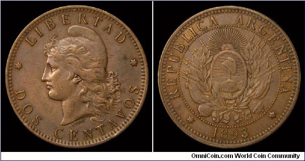 1893 Argentina 2 Centavos, Bronze. KM.33.