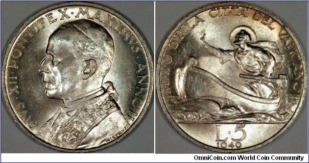 Pope Pius XII on a Vatican City 5 lire of 1940. The reverse shows a figure in a boat, which we presume is Christ as a fisher of men.