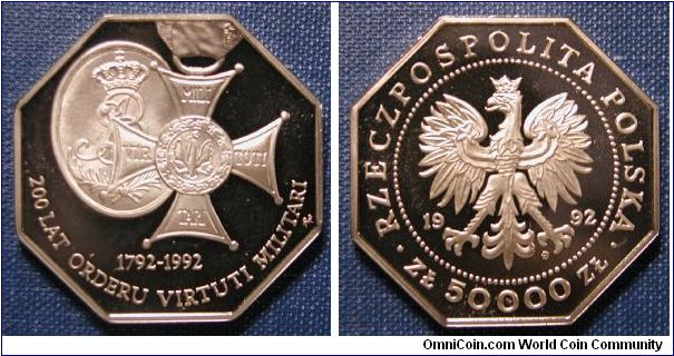 1992 Poland 50000 Zloty Silver Proof Commemorating 200 Years of the Order of Virtuti Militari