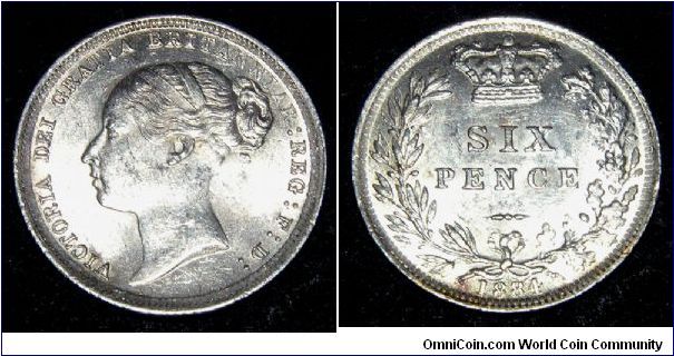 1884 Great Britain Sixpence, Queen Victoria, Young Head. KM.757, Spink 3912.
