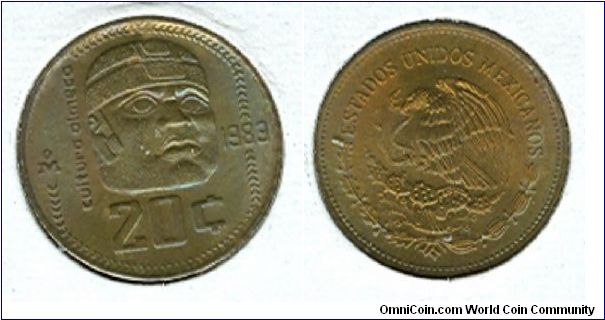 1983 Mexico 20 centavo. Toned blue, purple, red green on entire obverse, nice green and blue toning on reverse bottom rim.