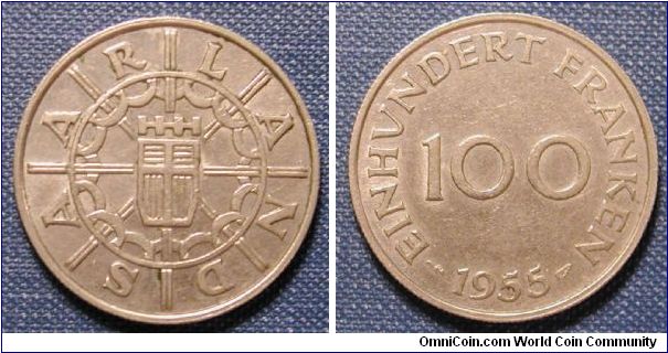 1955 Germany Saarland 100 Franken