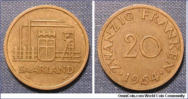 1954 Germany Saarland 20 Franken