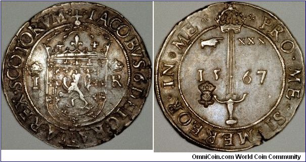 Countermarked Scottish sword dollar, ryal, or  thirty shillings, hence XXX, issued for James VI of Scotland, who later became also James I of England.