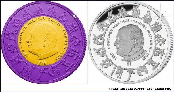 Pope John Paul II memorial crown from Sierra Leone. There will be a silver proof version, and a bi-metallic gold and niobium version. As we have no obverse image yet, we have shown the reverses of both versions together.