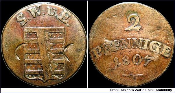 2 Pfennige, Saxe - Weimar - Eisenach.

I've got no idea how the two digs got into the obverse.                                                                                                                                                                                                                                                                                                                                                                                                                    