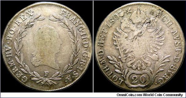 20 Kreuzer, Hall mint.

This was in the Tyrol region, an area that Napoleon would give to the Bavarians and end up with an insurrection.                                                                                                                                                                                                                                                                                                                                                                          