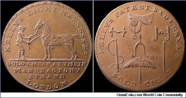 ½ Penny Conder Token.

A token for a harness maker and other leather work.                                                                                                                                                                                                                                                                                                                                                                                                                                        