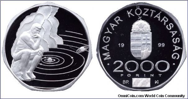 Hungary, 2000 forints, 1999, Ag, Rodin: Thinker, Hungarian Millenium (year 2000) issue with hologram image of 1999 changing to 2000 on the reverse.                                                                                                                                                                                                                                                                                                                                                                 