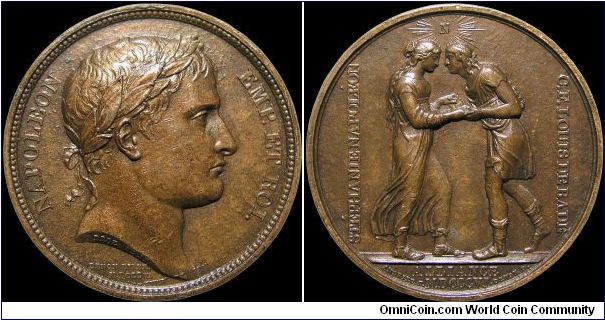 Mariage du Prince de Bade, France.

This medal was struck on the marriage of the Prince of Baden with Stephanie Napoleon, by order of the government of France. This is an early strike with what is known as the Droz bust.                                                                                                                                                                                                                                                                                      
