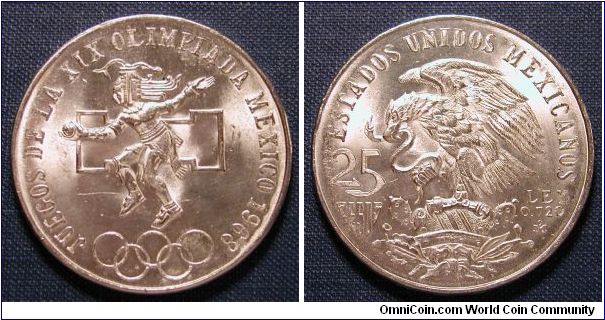 1968 Mexico 25 Pesos .740 Silver Olympic Commemorative.