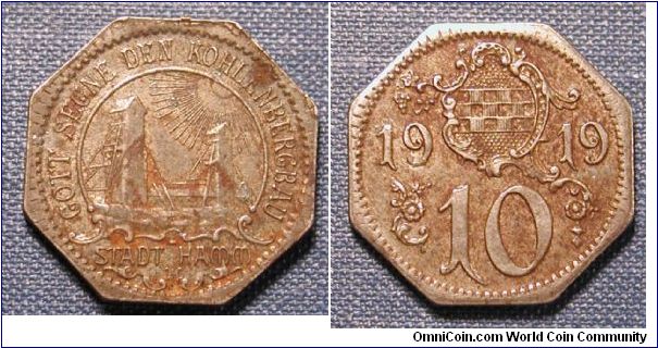 1919 Germany Hamm 10 Pfennig Notgeld coin.  Made of iron a bit rusty.