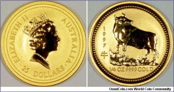 Quarter ounce gold Year of the Ox bullion coin. Part of the Chinese Lunar  Calendar series by Perth Mint of Western Australia.