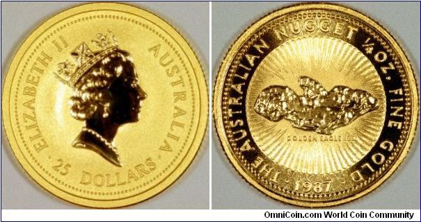 Goldev Eagle natural gold nugget, discovered 1931, on reverse of first Australian quarter ounce gold bullion nugget coin.