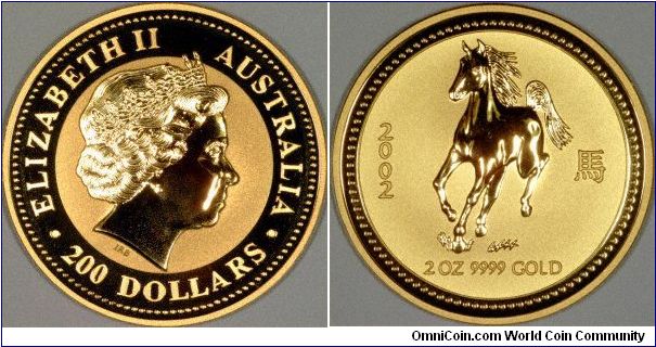 Two ounce Year of the Horse gold bullion coin, part of the Perth Mint Chinese Lunar Calendar series of Australian coins.