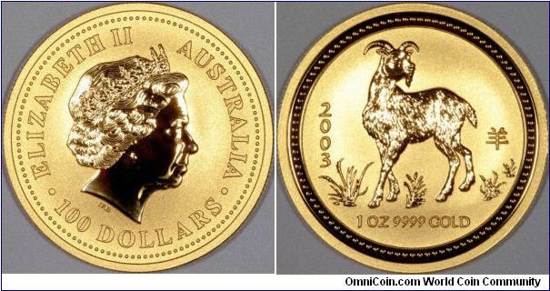 Year of the Goat, Sheep, or Ram $100 one ounce gold coin, depending on which translation of the Chinese Lunar Calendar you use.
