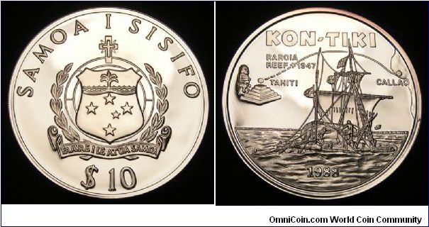 1988 Samoa 10 Tala, 0.999 Silver, Proof. Comemmorates the voyage of the Kon-Tiki, a balsa log raft sailed from South America to Tahiti in 1947 by Thor Heyerdahl.