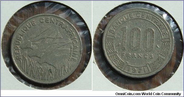 A 1971 100 Franc Coin (Central African Francs) From the Central African Republic