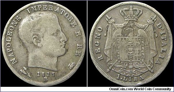 1 Lira, Napoleonic Kingdom of Italy.

Bologna mint. Lowest mintage of the 1813 lira.                                                                                                                                                                                                                                                                                                                                                                                                                              