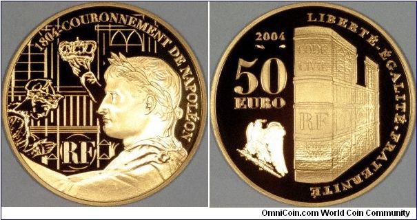 We obtained just one of these French 50 euro gold proofs by special request for one of our customers. Generally the Monnaie de Paris produce some pleasant and artistic coins, but tend to be rather expensive. The classical style portrait of Napoleon is good, but it took about one hour per side to clean up the images of all the speckles of light.