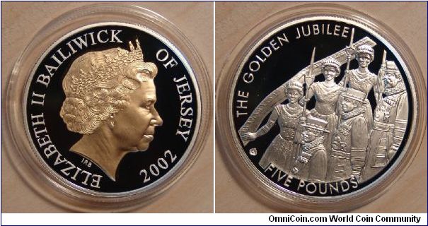A 2002 5 Pound silver coin from the  island of Jersey part of the Queen Elizabeth II Golden Jubilee Crown Collection