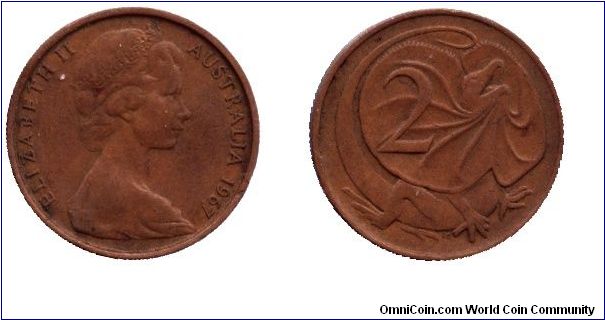 Australia, 2 cents, 1967, Bronze, Frilled lizard, Queen Elizabeth II.                                                                                                                                                                                                                                                                                                                                                                                                                                               