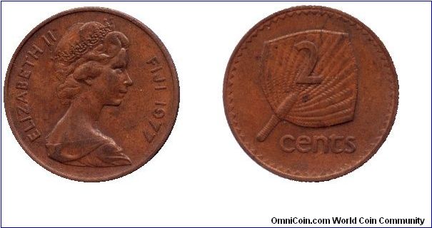 Fiji, 2 cents, 1977, Bronze, Fan, Queen Elizabeth II.                                                                                                                                                                                                                                                                                                                                                                                                                                                               