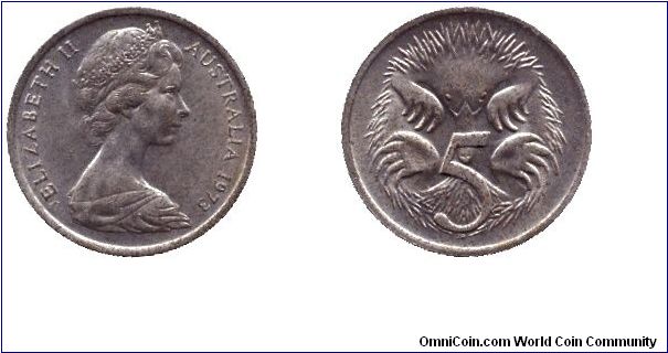 Australia, 5 cents, 1976, Cu-Ni, Piny anteater, Queen Elizabeth II.                                                                                                                                                                                                                                                                                                                                                                                                                                                 
