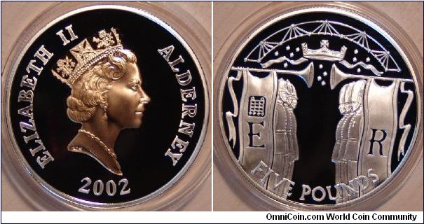 A 2002 Five Pound Silver Coin from Alderney Part of the Queen Elizabeth II Golden Jubilee Crown Collection
