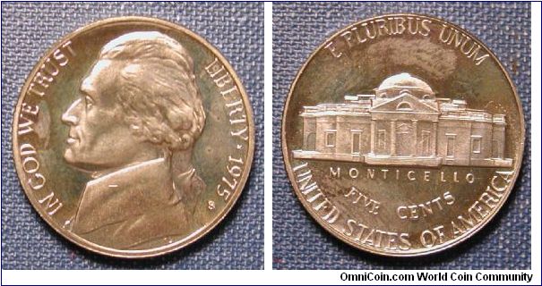 1975-S Jefferson Nickel Proof (green & pink toned)