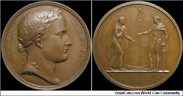 Entrevue des Deux Empereurs, France.

After the battle of Austerlitz while his Russian allies fled east Francis II of Austria came to beg Napoleon not to destroy his country. This is an early strike, the obverse of this medal was replaced about 1808 with one by Andrieu.                                                                                                                                                                                                                                    