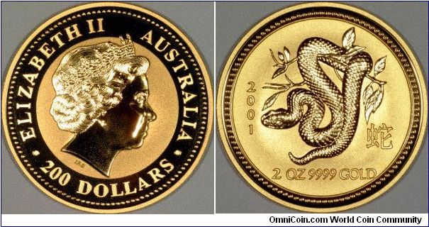 Two ounce 'Year of the Snake or Serpent' gold bullion coin by Perth Mint in Western Australia.