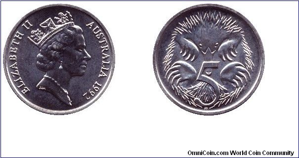 Australia, 5 cents, 1992, Cu-Ni, Spiny anteater, Queen Elizabeth II.                                                                                                                                                                                                                                                                                                                                                                                                                                                