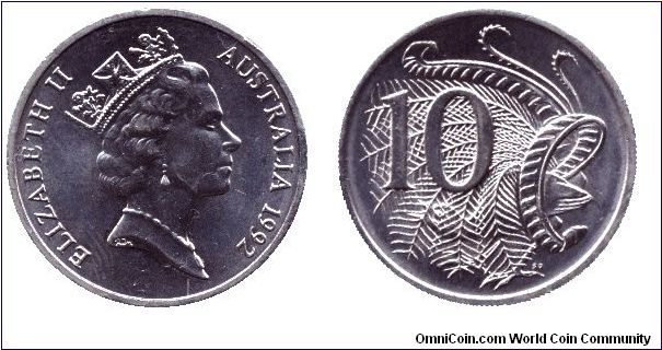 Australia, 10 cents, 1992, Cu-Ni, Lyre bird, Queen Elizabeth II.                                                                                                                                                                                                                                                                                                                                                                                                                                                    