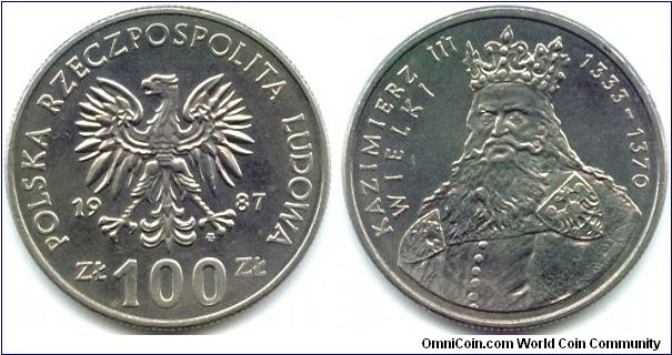 Poland, 100 zlotych 1987.
King Kazimierz III Wielki (1333-1370).