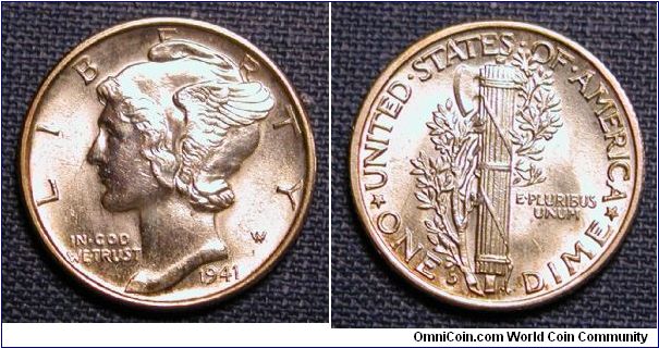 1941-D Mercury Dime (Near full bands)