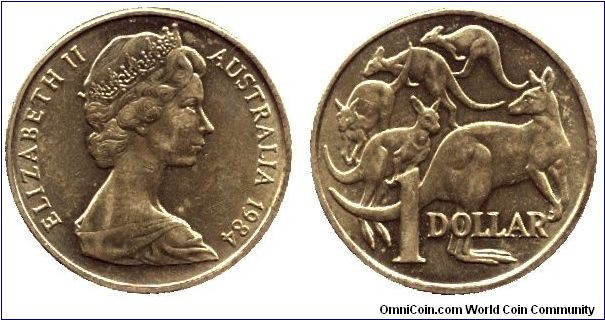 Australia, 1 dollar, 1984, Ni-Al-Cu, Kangaroos, Queen Elizabeth II.                                                                                                                                                                                                                                                                                                                                                                                                                                                 