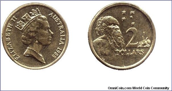 Australia, 2 dolars, 1988, Al-Bronze, Aborigine male, Queen Elizabeth II.                                                                                                                                                                                                                                                                                                                                                                                                                                           