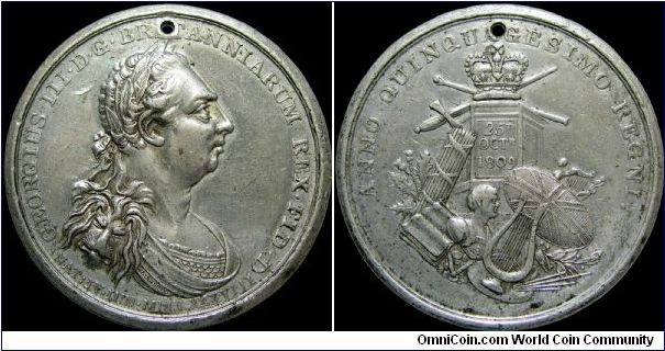 King George III Enters the Fiftieth Year of His Reign, Great Britain.

This piece is by the famous British artist J. Westwood. It measures 45mm and there is some confusion in British Historical Medals over the wording of the legend on the obverse.                                                                                                                                                                                                                                                           