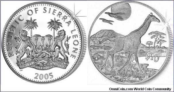 Giraffe on Sierra Leone silver proof $10, part of a set of 4 featuring African animals.