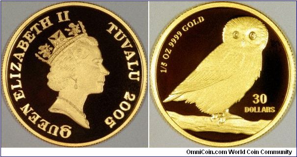 $30 gold owl from Tuvalu, fifth ounce size, prooflike. See also our half ounce coin.