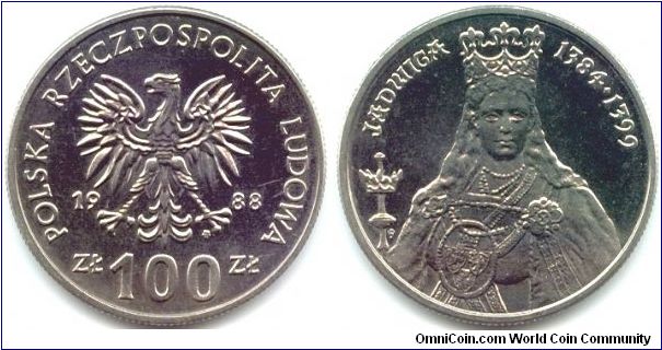 Poland, 100 zlotych 1988.
Queen Jadwiga (1384-1399).