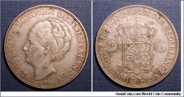 1932 The Netherlands 2 1/2 Gulden
